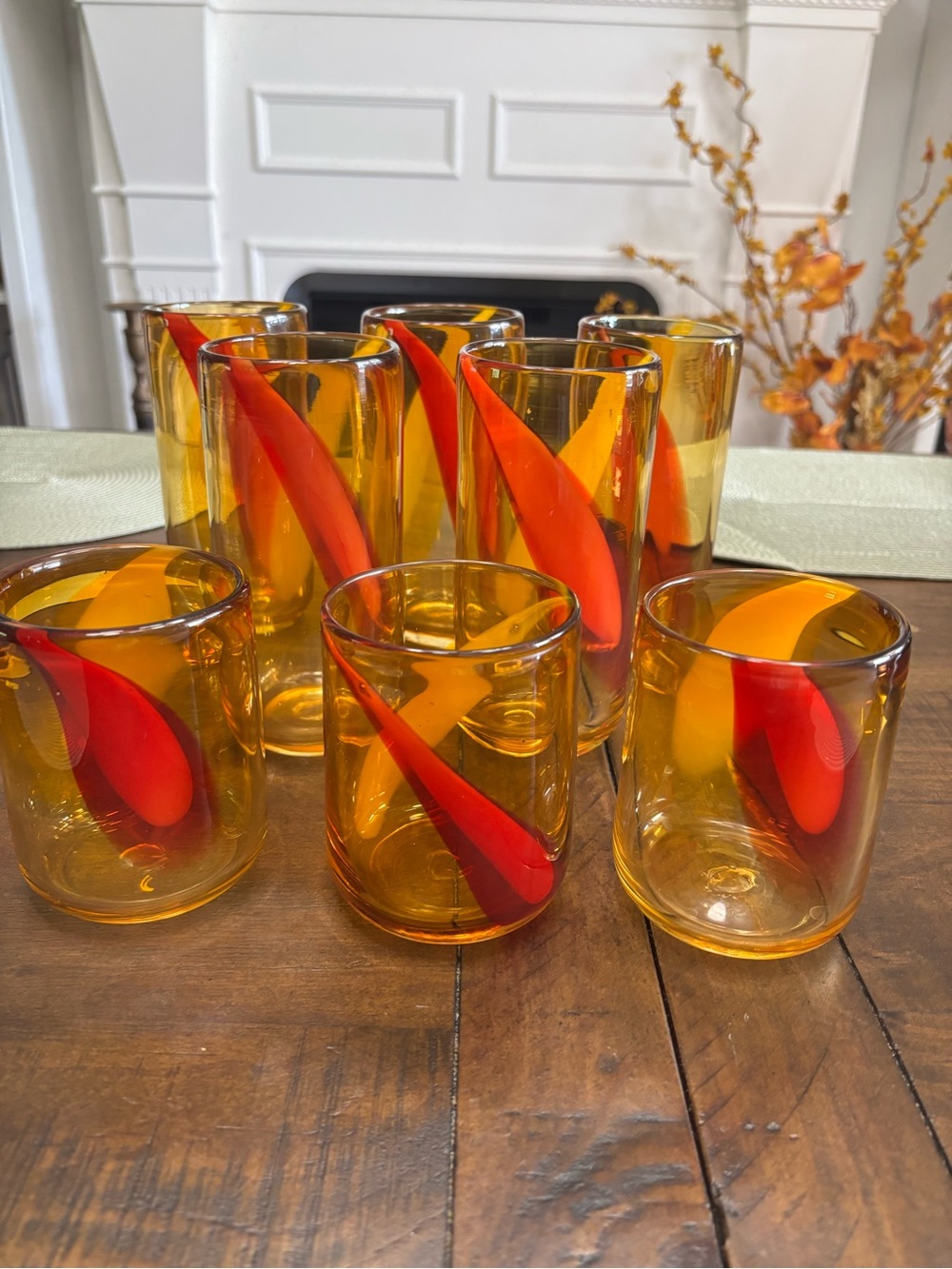 Eight mid century modern blown thick glass Murano style drinking glasses